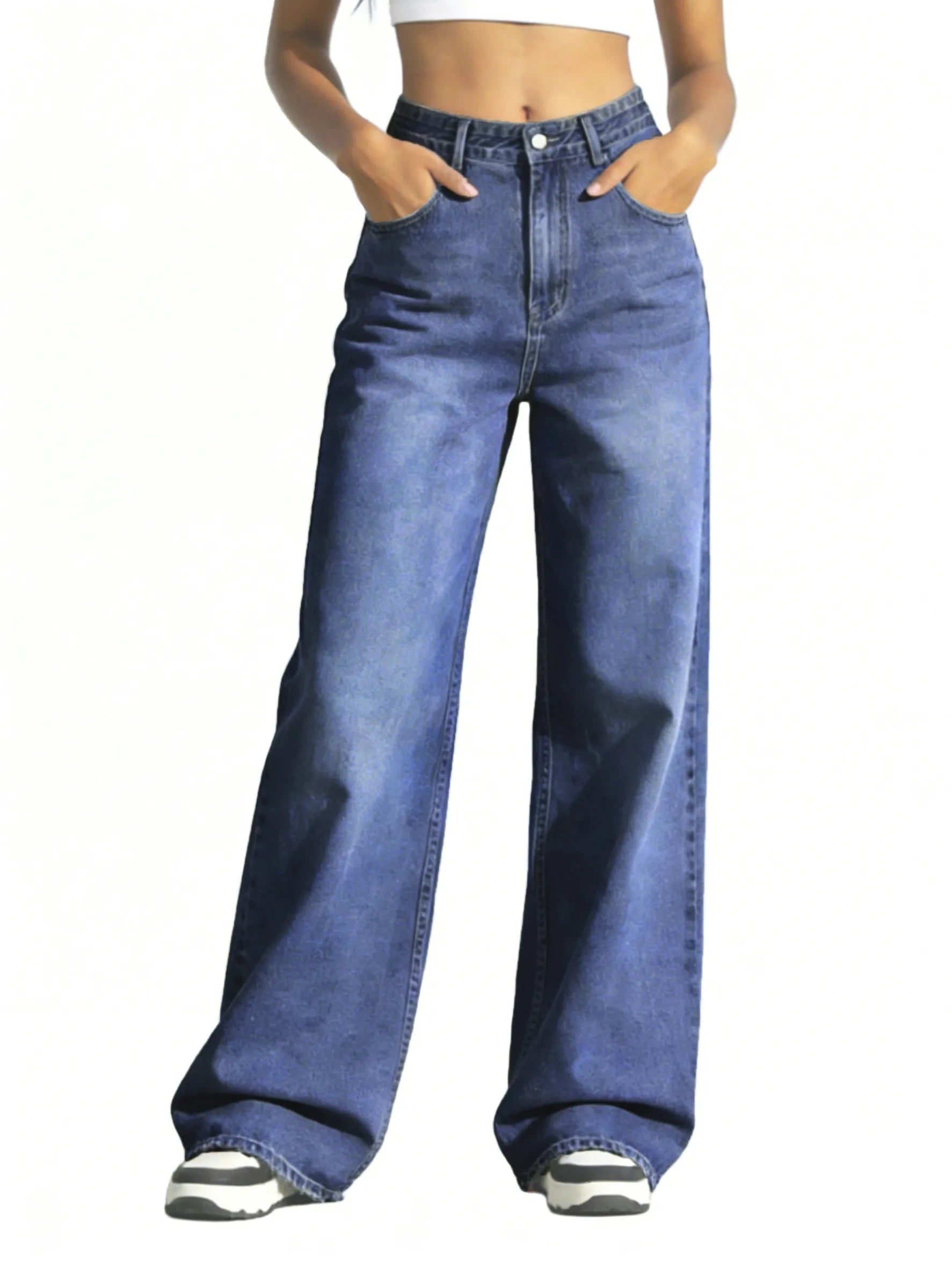 Women's Dark Blue High Waist Jeans (Wide Leg) | skyllc XS-XXL