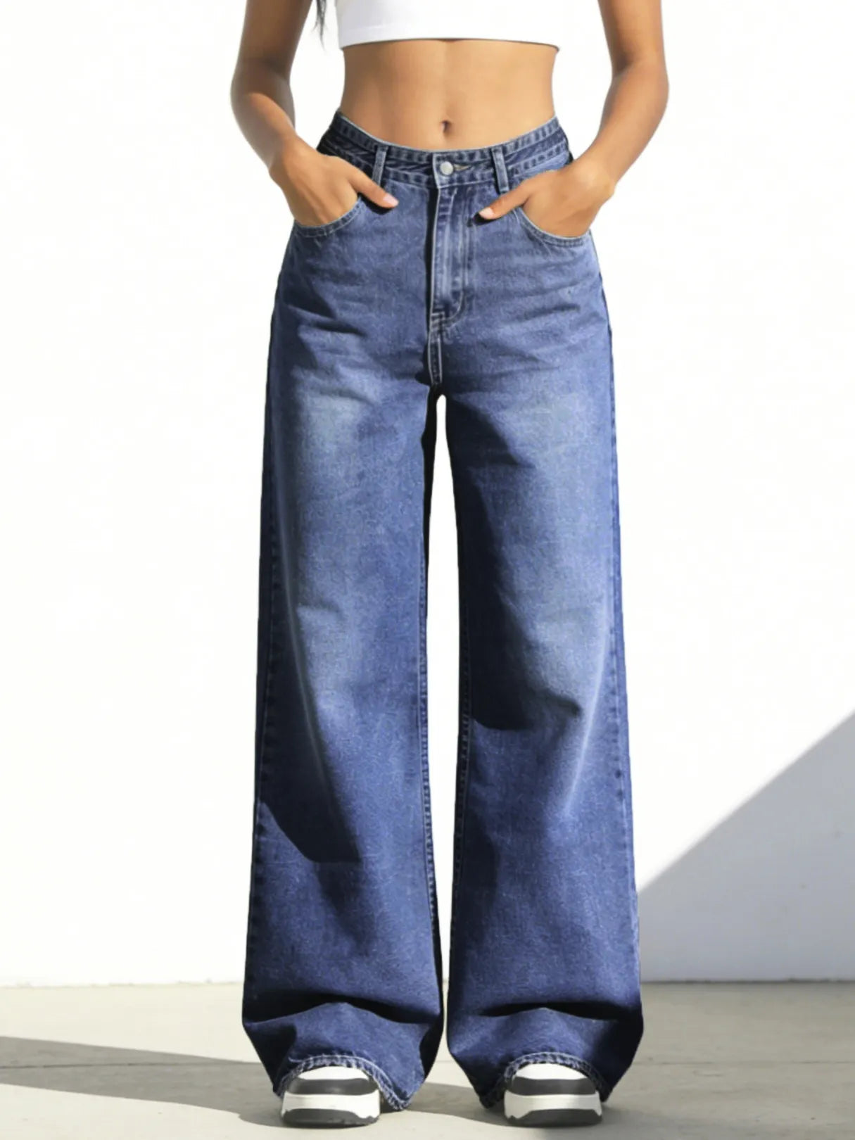 Women's Dark Blue High Waist Jeans (Wide Leg) | skyllc XS-XXL