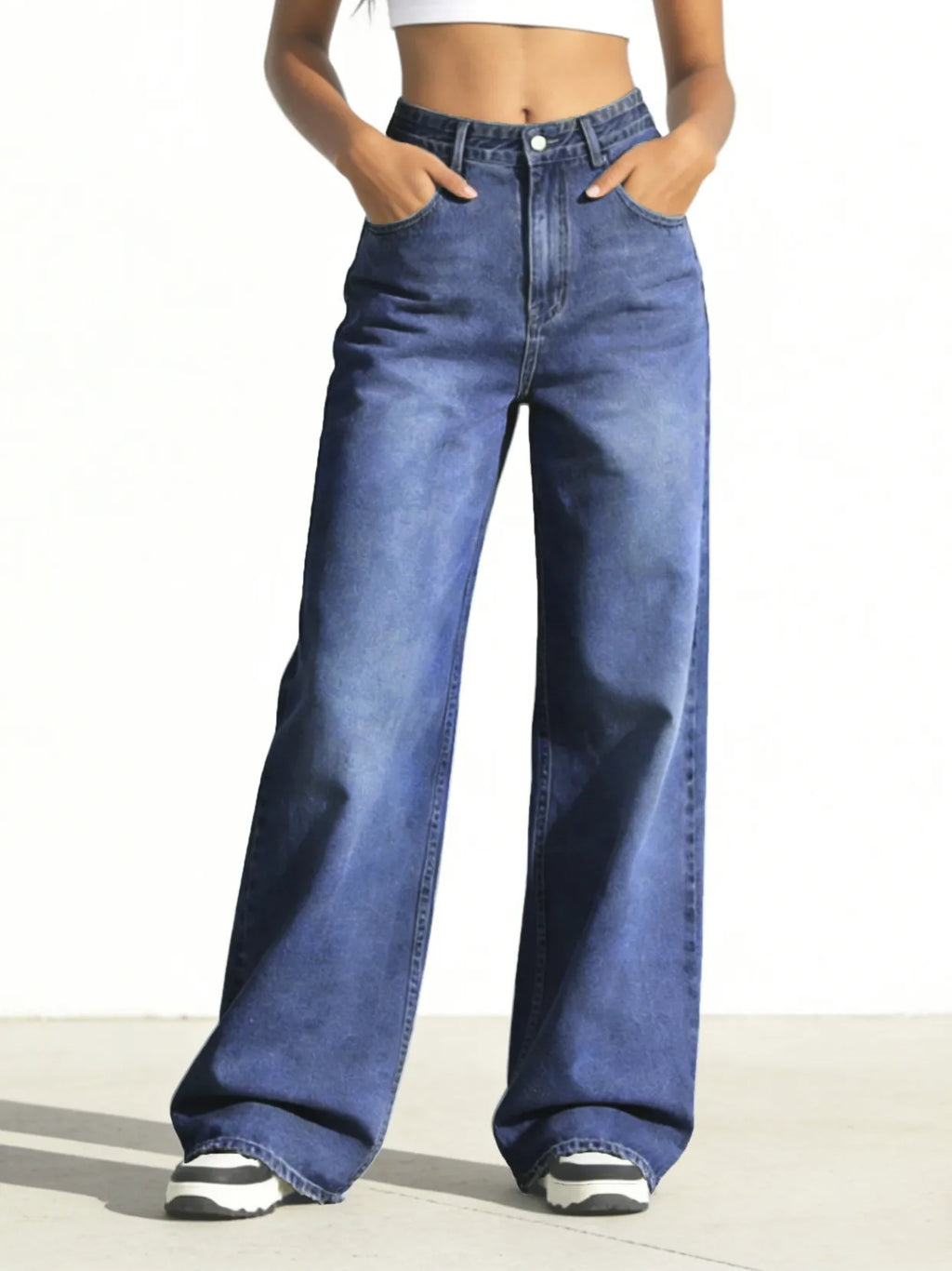 Women's Dark Blue High Waist Jeans (Wide Leg) | skyllc XS-XXL