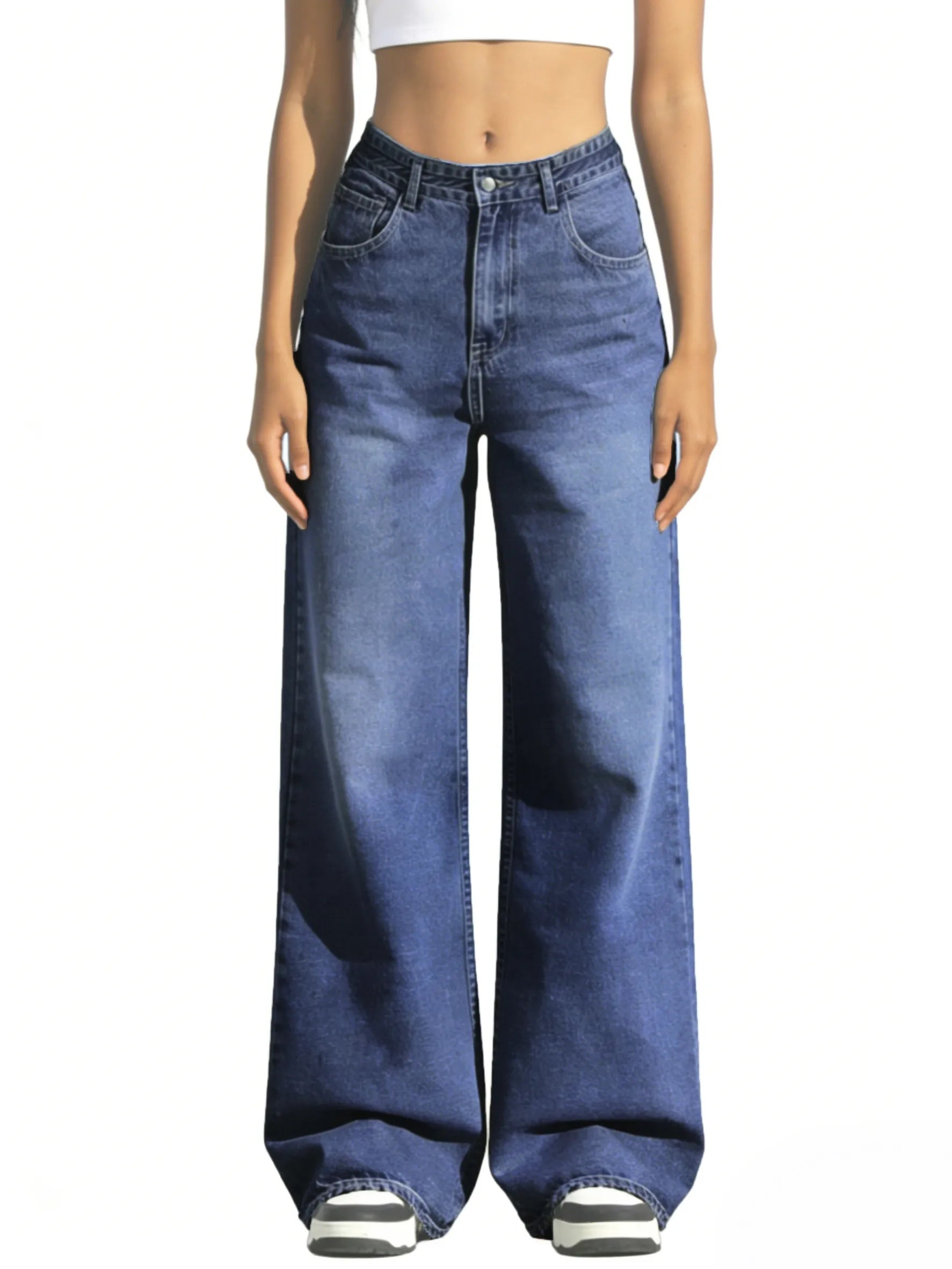 Women's Dark Blue High Waist Jeans (Wide Leg) | skyllc XS-XXL